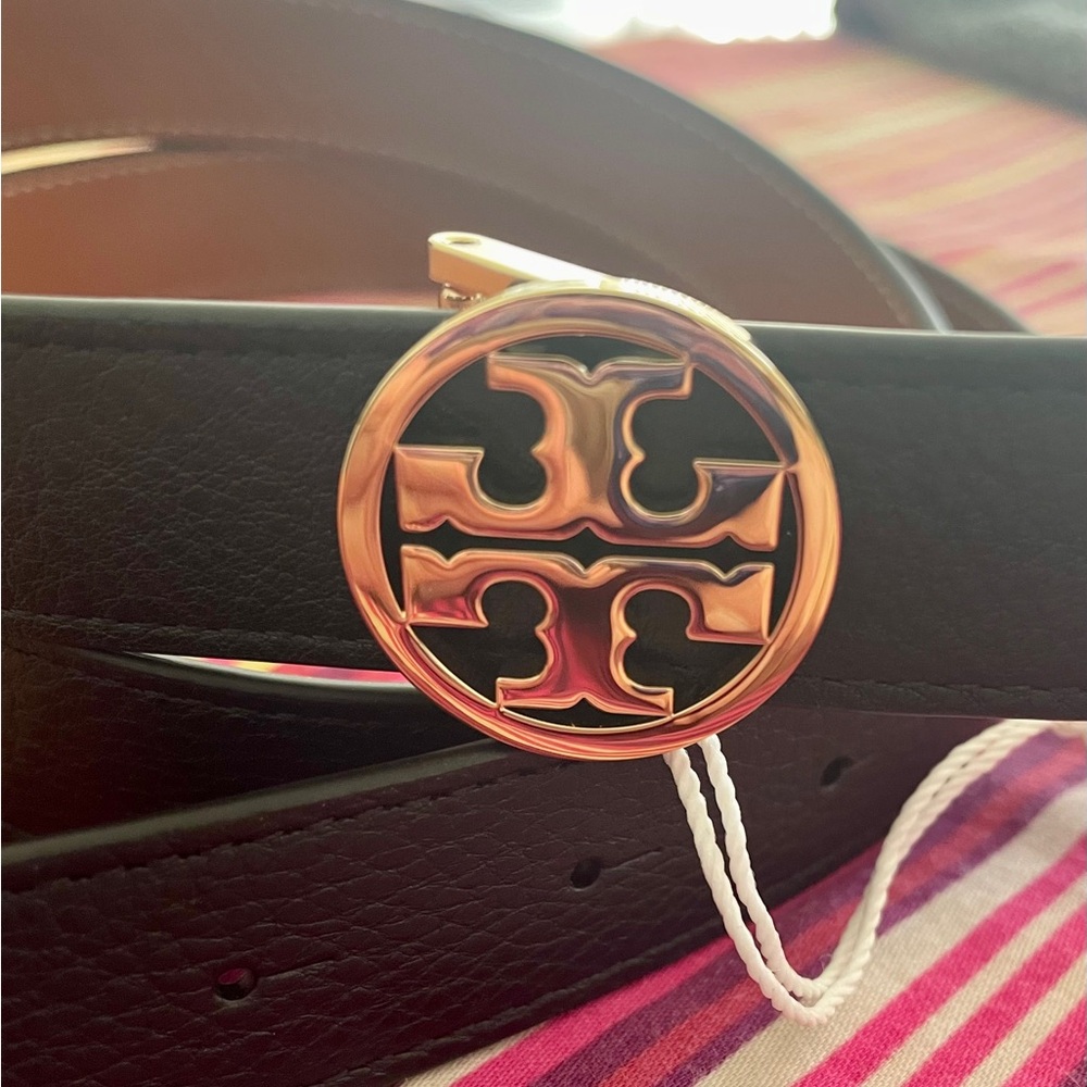 Tory Burch 1” Miller Reversible Belt Size M Black/Classic Cuoio/Gold NWT